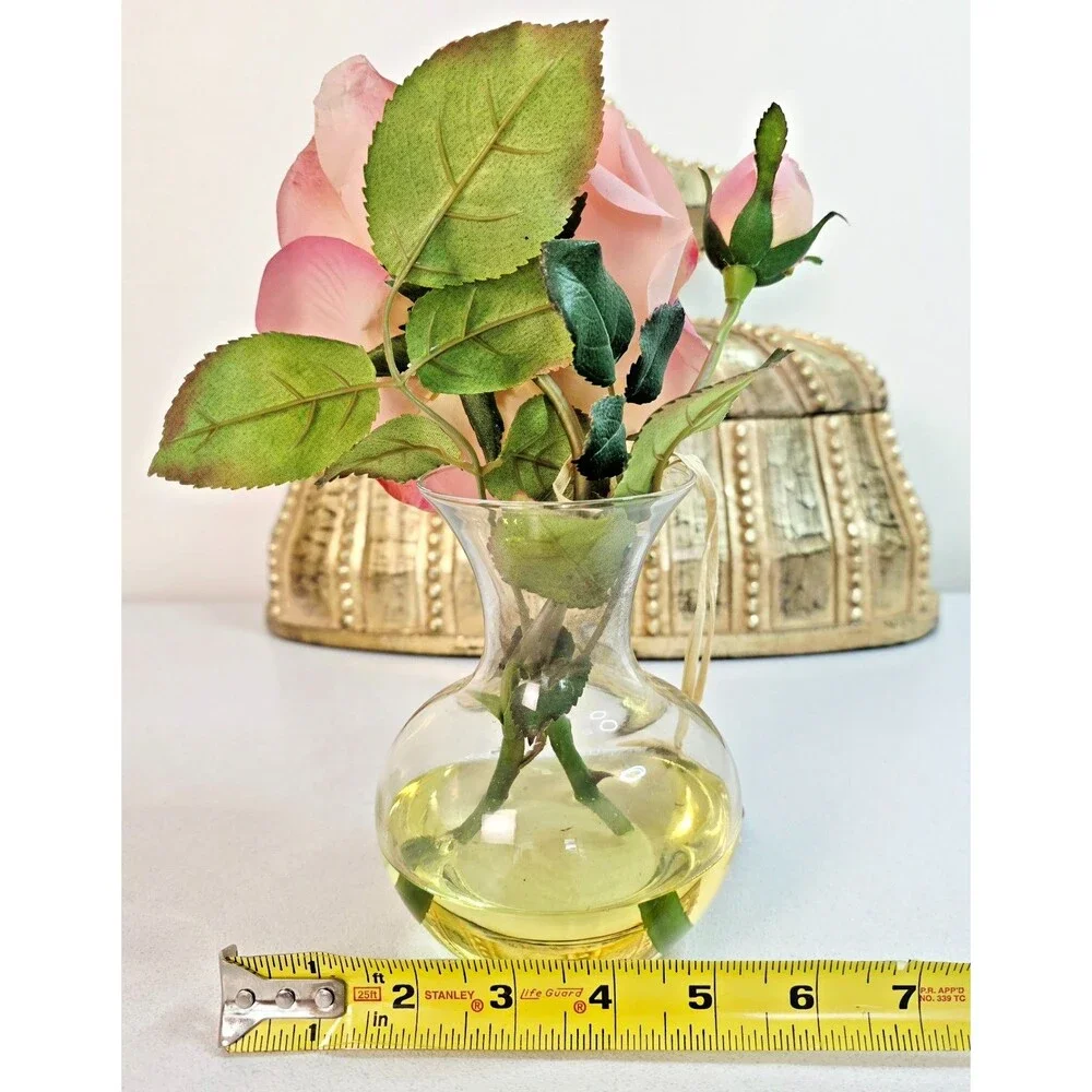 Vintage Faux Pink Cabbage Rose Silk Flower in Glass Vase with Bluebird Nest